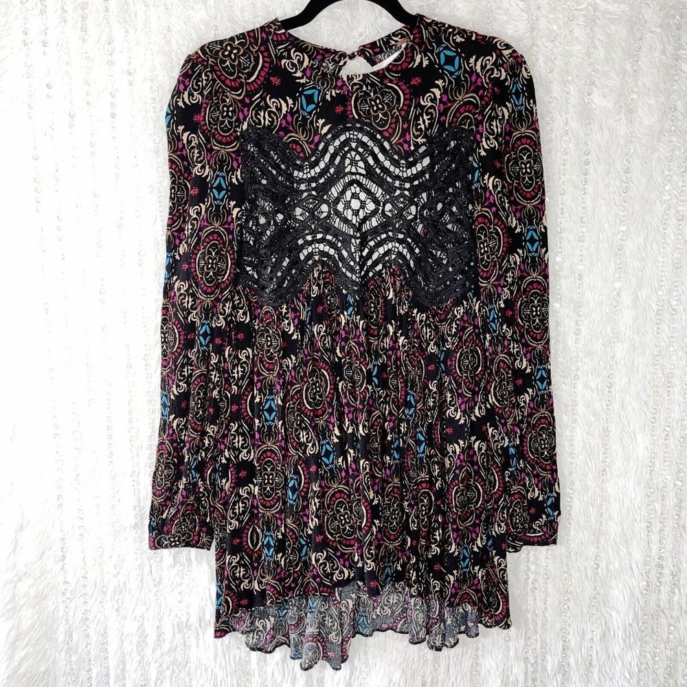 Free People Boho Babydoll Tunic Dress SMALL Lace Waist Open Keyhole Back Bell Sl